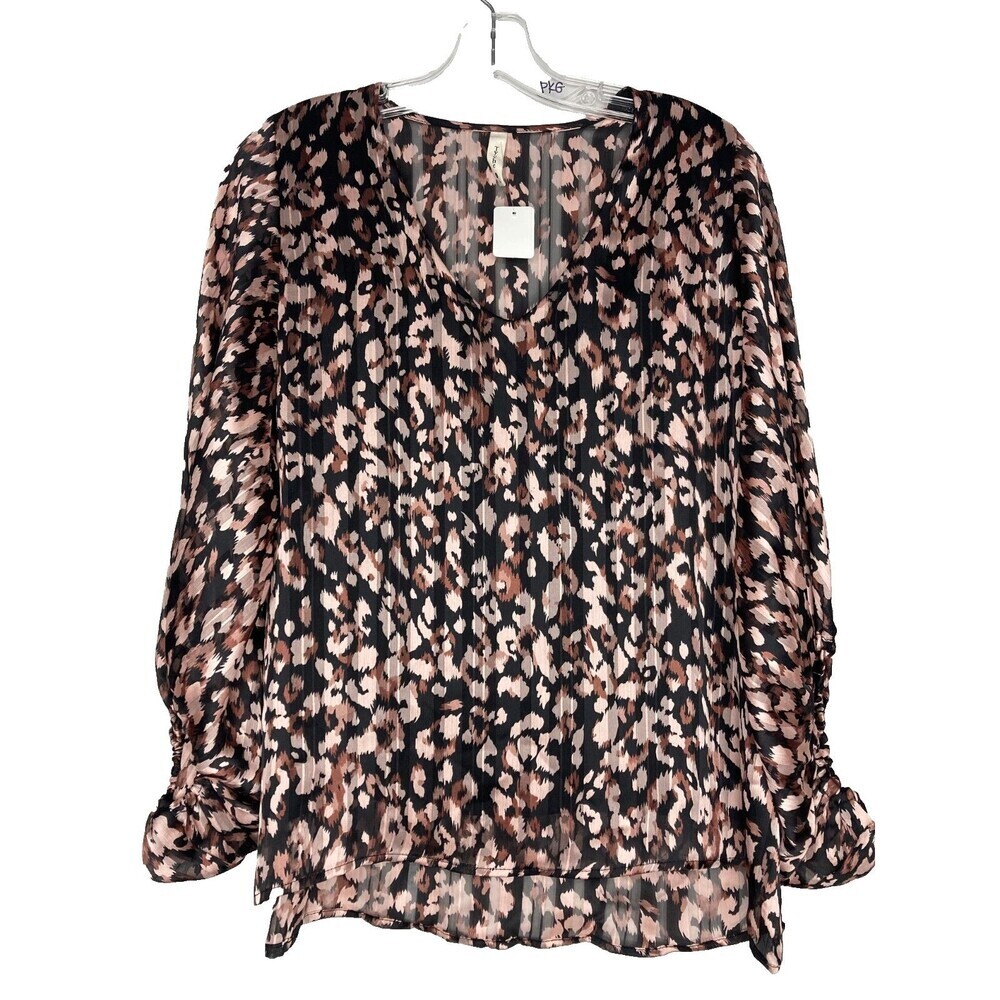 TYCHE Blouse Women Medium‎ Black Animal Print Sheer V-Neck Elastic Sleeves